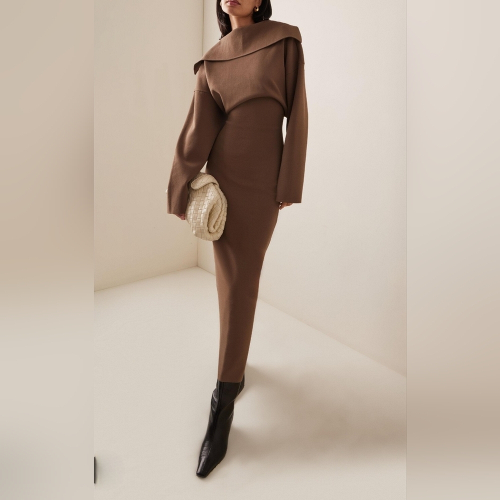 Altuzarra Stunt Reversed Knit Maxi Dress  Brown Long Sleeve Dress XS Maxi